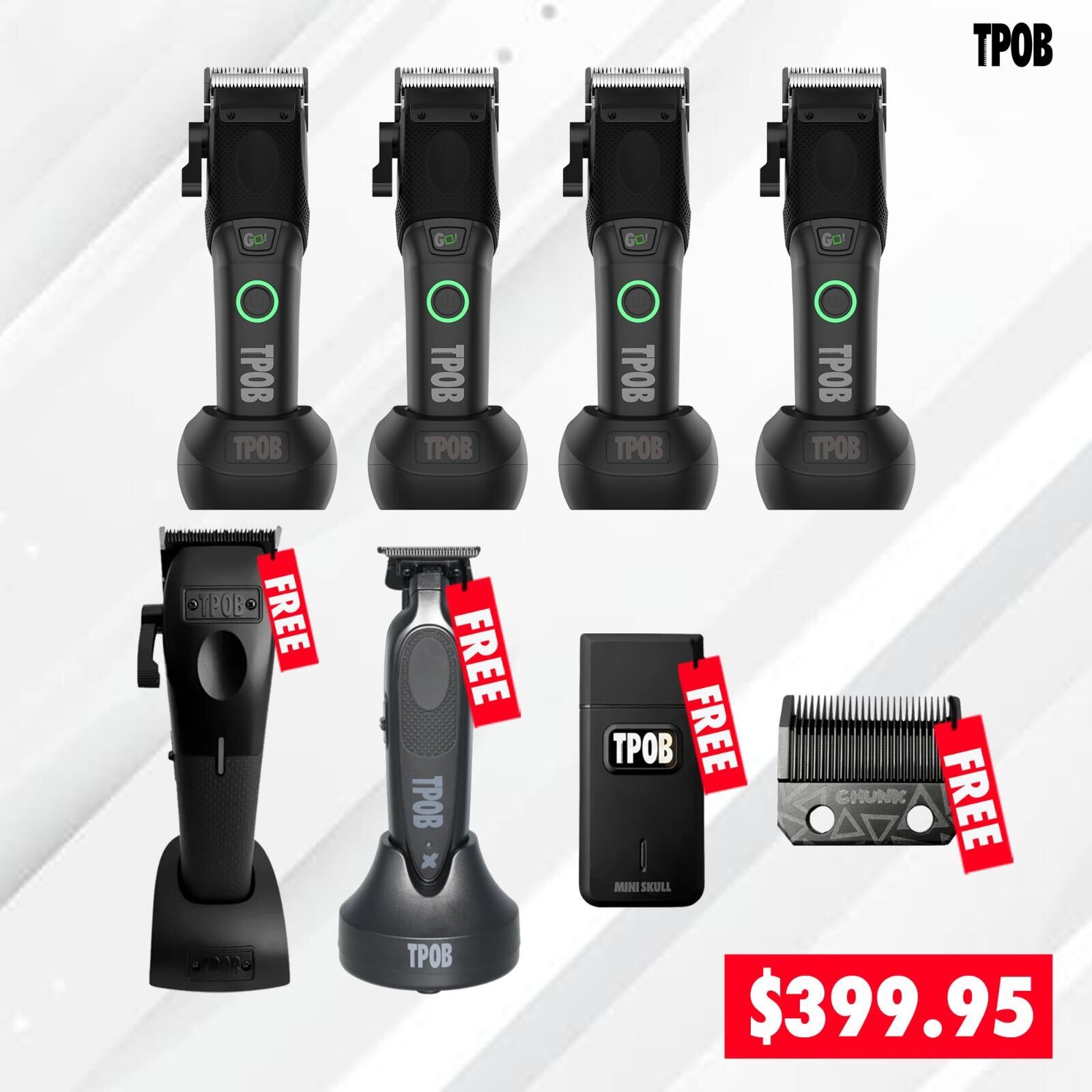 4 Go Clippers + FREE X Trimmer Deluxe (Blackout Edition) + Play Clipper Black + Mini Skull Shaver Black + Chunk Blade Black
