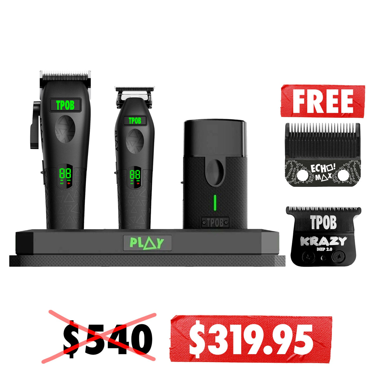 1x Play Max Clipper & Trimmer Bundle + PLAY Shaver & Pod + Echo & Krazy Blade (Black Edition)